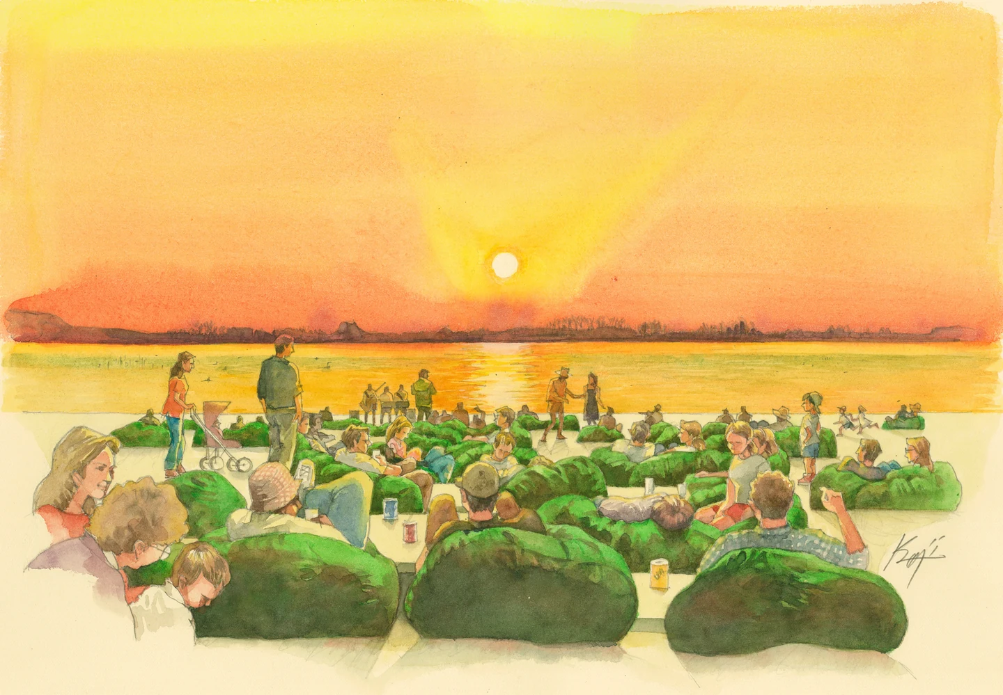 夕陽が広がる牛久沼の水辺で、人々が思い思いに過ごす構想イラスト