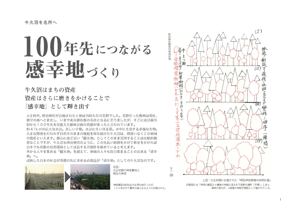 地域の自然を長期的に育てる考え方を、明治神宮の森林計画を参考に説明する計画資料
